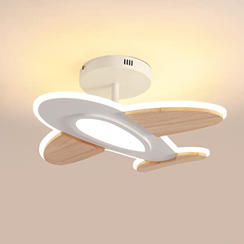 Lámpara de techo LED de 35 W para habitación infantil I con forma de avión regulable con mando a distancia I 50 x 45 cm I 2700-6500 K I Blanco y Madera Accesorios Lámpara de techo