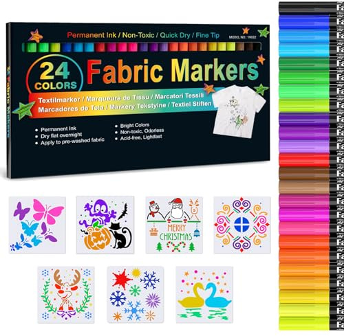APOGO 24 Fabric Pens and 7 Stencils - Fabric Markers Fabric Pens Permanent for Clothes Tshirt Plain Tote Bags Canvas Shoe Textile Markers Fabric Paint Pens for Adults kids Crafts Kit