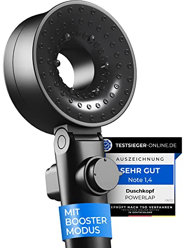 POWERLAP® Duschkopf mit Filter & Montagewerkzeug | PP-Baumwoll-Filter Duschkopf für gereinigtes & weicheres Wasser | Booster Modus für den perfekten Wasserdruck in deiner Dusche (Matt Schwarz)
