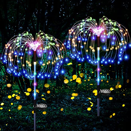 Ovker Luces solares de jardín al aire libre, luces solares de fuegos artificiales, 120 LED, 2 modos de iluminación, 40 cables de cobre, lámparas impermeables para jardín, patio, césped, camino,