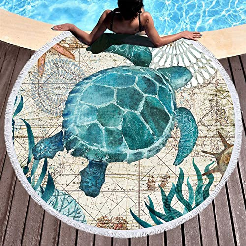 LXTOPN Toalla de playa redonda, toalla de microfibra para playa, toalla de baño, esterilla de yoga, manta de camping, manta de pícnic, toalla con borlas, 150 cm (tortuga azul 2)