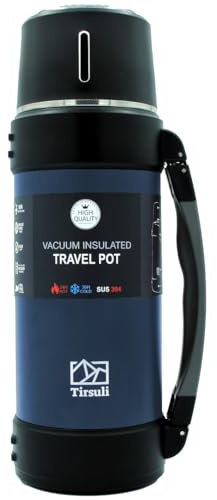 Tirsuli Termo de Viaje 1,5 litros – Doble Pared de Acero Inoxidable – Camping o Senderismo. Caliente o Frio más de 24 horas, Agua, Café, Leche, Té o Mate (Azul)