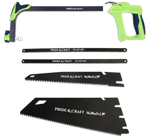 PRIDE&CRAFT Universal Handsäge mit 4 verschiedenen Sägeblättern, Schnellverschluss-Design, weicher und rutschfester Griff, 4 in 1 Hochleistungs-Bügelsäge für Metall, Holz, PVC-Rohre