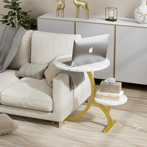 JoliJour Beistelltisch in C-Form Moderner Runder Sofabende mit Metallrahmen Kann Als Laptopständer Computertisch Betttisch Kaffeetisch Snacktisch für Wohnzimmer BüRo Schlafzimmer Gold & Weiß