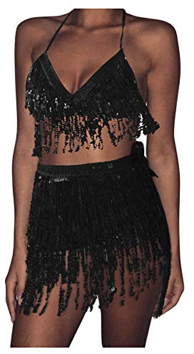 Metallic Sequin Rave Outfits Women Summer Crop Top Bra Skirt Shiny Fringe Tassel Bikini Women's 2 Pieces Outfit Music Festival Dance Clubwear Night Carnival Party Costume Set Streetwear Black