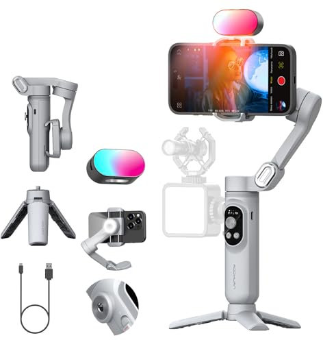 AOCHUAN 3-Achsen-Gimbal-Stabilisator für Smartphone mit 1/4-Zoll-Gewinde, integriertem Licht, Smartphone-Gimbal mit RGB-Licht für iPhone 15/14 (Smart X Kit Grau)