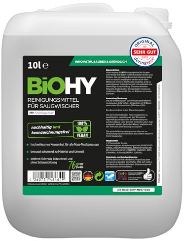 BiOHY Detergente per scopa aspirante con fresco profumo di primavera (Lattina da 10 Litri) | Concentrato 1:200 per tutti gli aspirapolvere | ideale per piastrelle, PVC, parquet, laminato e