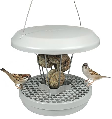 SWISSINNO Comedero para Pájaros – Lucerne Smart Birds - Soporte para Bolas de Sebo con Bandeja - Estación Alimentación Antirroedores - para 7 Bolas de Grasa - Gris Claro
