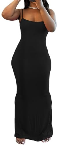PINSV Women Summer Long Dress Casual Slip Sexy Sleeveless Bodycon Maxi Dresses for Women Black L