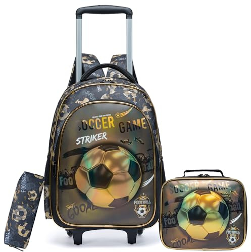 HTgroce School Backpack with Wheels Girl School Trolley for Girls with Lunch Bag Pencil Case, Black/White, 42 x 30 x 20 cm