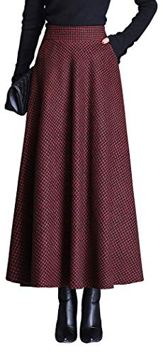 BiilyLi Jupe Longue Femme Hiver Élégant Carreaux Haute Taille Maxi Jupe en Laine A-Line Taille élastique Skirt 1951 Rouge vin -M