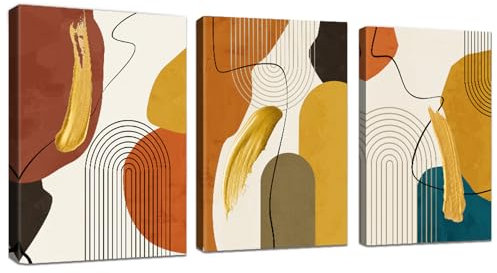 WENGTIAO 3 Pièces Nordiques Lignes Géométriques Tableau Decoration Murale Encadré Toile Peinture Abstraite Orange Marron Or Vert Decoration Murale Salon Maison Deco Chambre Prêt à Accrocher 40x60cmx3