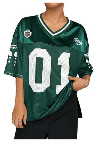 GORGLITTER Women's Letter Oversized Jersey Top T Shirts | Half Sleeve, Loose Fit, V Neck Mesh Tops, Summer Oversized Jersey Tops for Campus, Baseball, Football