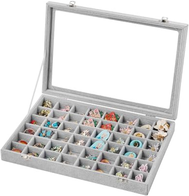 Frebeauty 48-Grid Jewellery Tray with Glass Lid, Velvet Earring Organiser