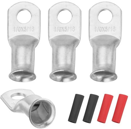 sourcing map 4pcs 1/0 AWG M8 Battery Lugs Ring Terminals, 5/16 8mm Stud Crimp Wire Terminal Connector End Copper, 3:1 Heat Shrink Tubing, Silver