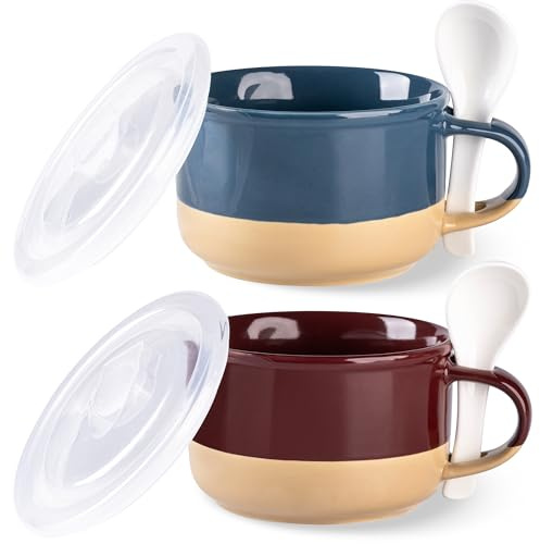 GBhome Ceramic Soup Mugs with Handles and Lids,24 OZ Soup Cups Set of 2 with Terracotta Underside,Mug Bowls with Spoon for Soup/Cereal/Salad/Noodles/Ramen/Microware &Dishwasher Safe-Blue&Red