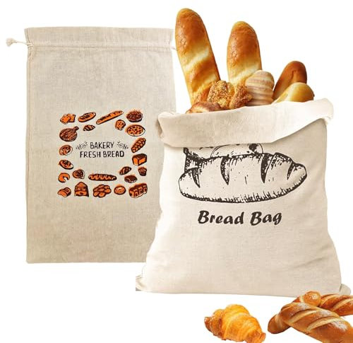 Lot de 2 sacs à pain en lin - En coton - 30 x 45 cm - Pour conserver au frais - Avec cordon de serrage - Pour la boulangerie - Pour la maison, les petits pains, les baguettes - Convient pour la