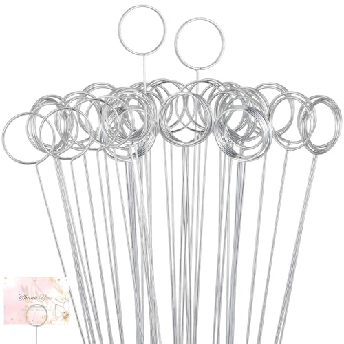 Hotop 30 Pcs Floral Card Holder Pick Metal Wire Flower Place Card Stick 13.4 in Picture Photo Memo Holder Round Floral Gift Stick Clip for Centerpiece Table Wedding Baby Shower Party Favor (Silver)