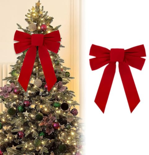 Chexin Fiocco natalizio, 4 fiocchi rossi, per Natale, grandi 34 x 27 cm, fiocco regalo grande, punta per albero di Natale, pronto per albero di Natale, ghirlanda, camino, porta di casa