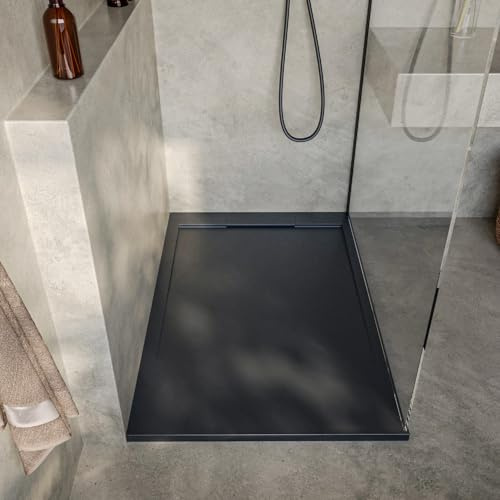 SOULBATH Plato de Ducha Extraplano Antideslizante – Resina Gel Coat - Textura Liso/Piedra – ANTRACITA - 90X70 - Rejilla integrada mismo color - Incluye Válvula de desagüe