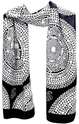 Seta Sole Sciarpa in 100% Seta Made in Italy 45x160 cm Mandala Disegnato a Mano Foulard Elegante Donna Bianco e Nero