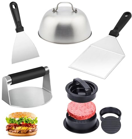 Pressa Hamburger, Spatola per Burger Set, 5 Pezzi, Burger Smasher Set, Pratico Kit Pressa per Hamburger, con Coperchio per Hamburger, Spatola in Acciaio Inox, per Barbecue, Teppanyaki