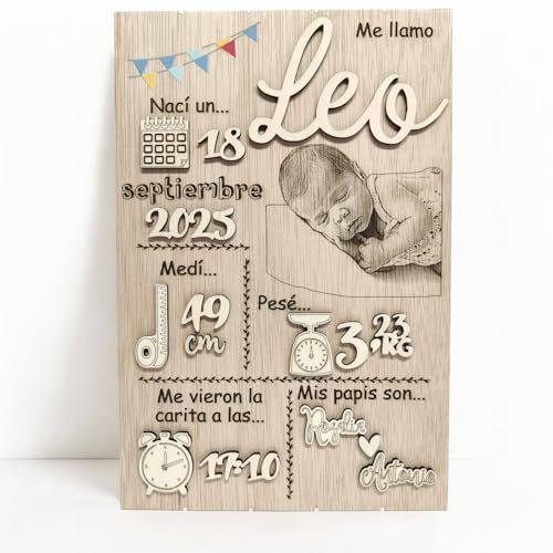 Natalicio Bebe Personalizado – Regalos para Bebes Recien Nacidos Niño y Niña Originales, Hecho a Mano en Madera Natural, Decoracion Habitacion Bebe, 20 Diseños (Foto Grabada, Sin pintar)