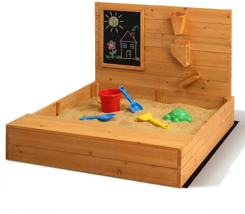 LEADZM Sabbiera in legno per bambini con panchina, tavola e imbuto 120 x 115 x 76,5 cm, grande sandbox all'aperto per giardino, spiaggia e parco, per bambini dai 3 ai 12 anni