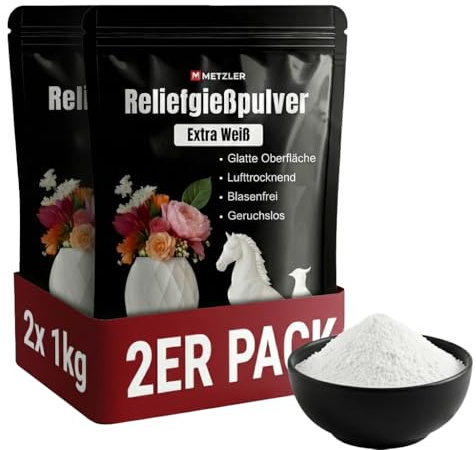 Metzler® Reliefgießpulver Weiß 2kg blasenfrei und detailreich für glatte Oberflächen und filigrane Figuren geruchlos lufttrocknend vielseitig einsetzbar für Dekoartikel Figuren Untersetzer Bastelproje