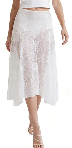 Ausing Falda larga de encaje para mujer, falda midi de verano, transparente, sexy, Y2K, falda de verano, ropa de playa, tallas S-L