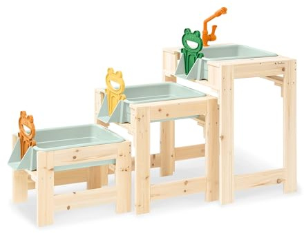 PINOLINO Wasserspieltisch-Set Frolino, 3-teilig, Outdoor Wasserspielzeug für Kinder, Gartenspielzeug aus Holz, mit Wasserhahn & Schlauchanschluss, 3 Spieltische inkl. Wannen, ab 3 Jahren