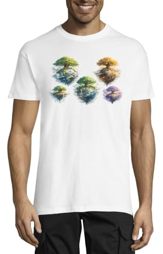 Flytande öar med frodiga träd och vattenfall rund hals bomull herr t-shirt vit