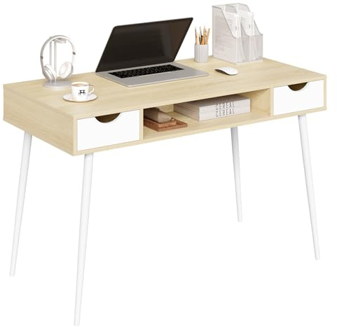 WOLTU Schreibtisch mit 2 Schubladen + Ablagefach - Weiß 120x58x75cm Computertisch Eichenoptik für Wohnzimmer - Stahlgestell