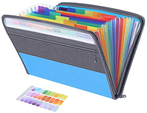 Fun File Organiser,13 Pockets Folder Document Organiser Box Files and Folders for Paperwork A4,Rainbow Expanding Concertina Filing Folder,Plastic Paper Receipt Storage Organisers Boxes with Tabs,Blue