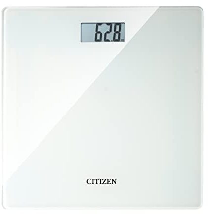 CITIZEN HMS324 Weiße/schwarze digitale Körperwaage. Schlankes Design, vergleichbar mit früheren Messergebnissen, schlankes Design mit sofortiger Gewichtsmessung, LCD-Display und Hartglas