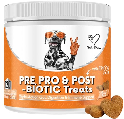 NutriPaw Prä,Post & Probiotische Leckerlis für Hunde - Darm- & Verdauungsgesundheit,Analdrüsen & Po-Rutschen,lockerer Stuhl, geruchsvolle & juckende Ohren, Verdauungsenzyme - Ideal für alle Hunde,300g
