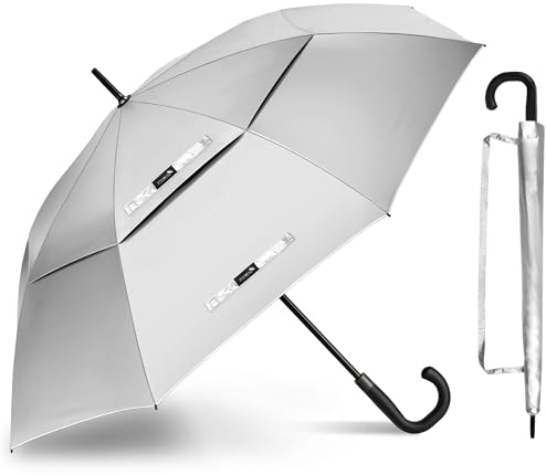 ZOMAKE Regenschirm Groß XXL 54 Inch,Regenschirme Automatik öffnen Mit UPF 50+UV Schutz,Großer Stockschirm Sturmfest Stabil,Golfschirm Mit J-Griff Für Herren Damen(Silber Schwarz)