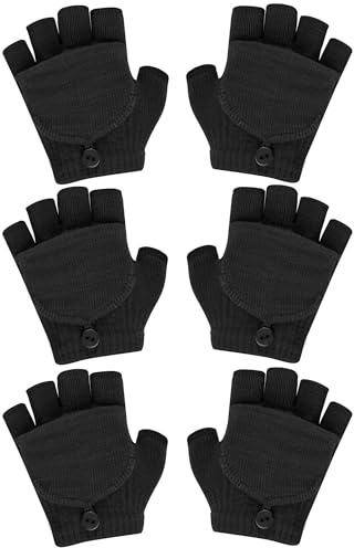 ONESING 3 Pairs Kids Fingerless Gloves with Mitten Cover Convertible Knit Gloves Kids Fingerless Mittens for Boys Girls