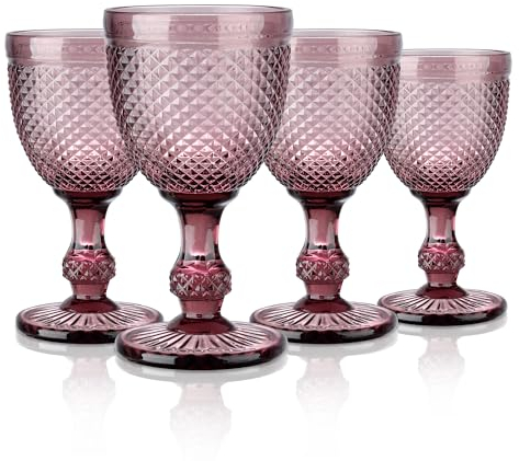 Joeyan Set de 4 Copas de Vino Vintage Púrpura, 270ml Copas de Vidrio con Relieve Elegantes, Juego de Copas Vino Colores Retro con Pie,para Lavavajillas,para Fiesta Boda o Bautizo