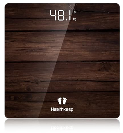 Healthkeep Digitale Personenwaage, hohe Präzision, mit Step-on-Technologie, LED-Anzeige, schlankes Design, max. 180 kg/400 lb, Holzmuster