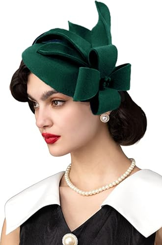 RZTA Damen Vintage 100% Wollfilz Glocke Eimer Bowler Hut Winter Vintage Schleife Fedoras Kirche Fascinator, 10-grün, Einheitsgröße