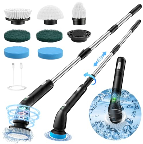 Electric Cleaning Brush, Electric Spin Scrubber with Long Handle, IPX7 Bathroom Cleaning Brush with LED Display, Bathroom Scrubber with 2 Spin Speeds, 7 Brush Heads for Shower, Tub, Kitchen