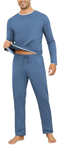Aseniza Pyjama Homme Hiver Coton Ensembles de Pyjama Chauds Manches Longues Couleur Unie Vêtements De Nuit Tenues de Nuit Vêtements de Détente Doux Loungewear 466-Bleu Royal, L