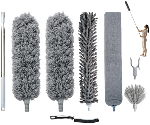 Microfiber Feather Duster with Extension Pole 100 Inches, (8 PCS), Cleaning Brush, Dusters for Cleaning High Ceilings, Cobwebs, Blinds, Cars, Reusable, Washable, Extendable, Ceiling Fan Cleaner Duster