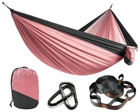 Utomhus trädgård gunga hängmattor med justerbara öglor och remmar ultralätta 210T nylon fallskärmshängmattor (rosa)