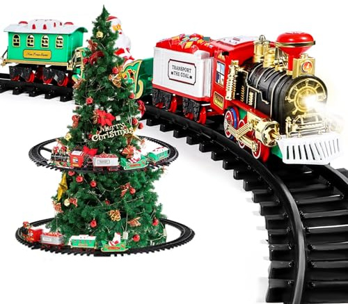 Avilia Trenino Elettrico Natalizio in Movimento con Luci e Suoni - Decorazione per Albero di Natale - Treno con Binari di diametro 89cm - Treno per Albero di Natale Sospeso o da Terra con Batteria
