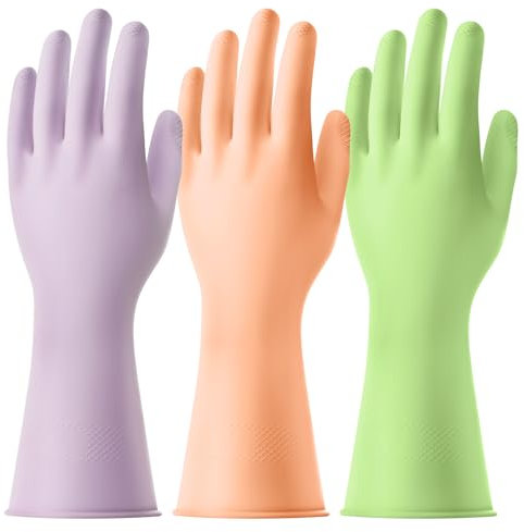 AUAUY 3 Paire Gants de Menage de Vaisselle, Gants de Cuisine de Nettoyage Réutilisables en Caoutchouc, Antidérapant, pour Le Nettoyage de La Cuisine, Lessive, Jardinage (Vert + Orange + Violet, L)