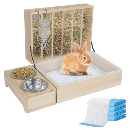 Comedero multifuncional grande con inodoro, comedero para conejos de madera, comedero completo con bebedero y comedero, adecuado para conejos, conejillos de indias, hámsters, animales pequeños (4 en 1