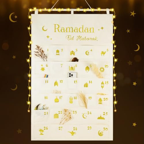 Ulikey Calendrier Mural Ramadan, Kit de Bricolage Ramadan Calendrier Avec Guirlandes Lumineuses LED, Calendrier de l'Avent Ramadan en Tissu Réutilisable, 30 Poches Sacs de Ramadan Mubarak Décoration