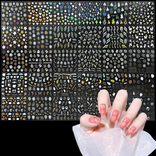 WD&CD 30 Hojas Pegatinas para Uñas Decorativas, Autoadesiva Nail Art Stickers Decoración, Oro